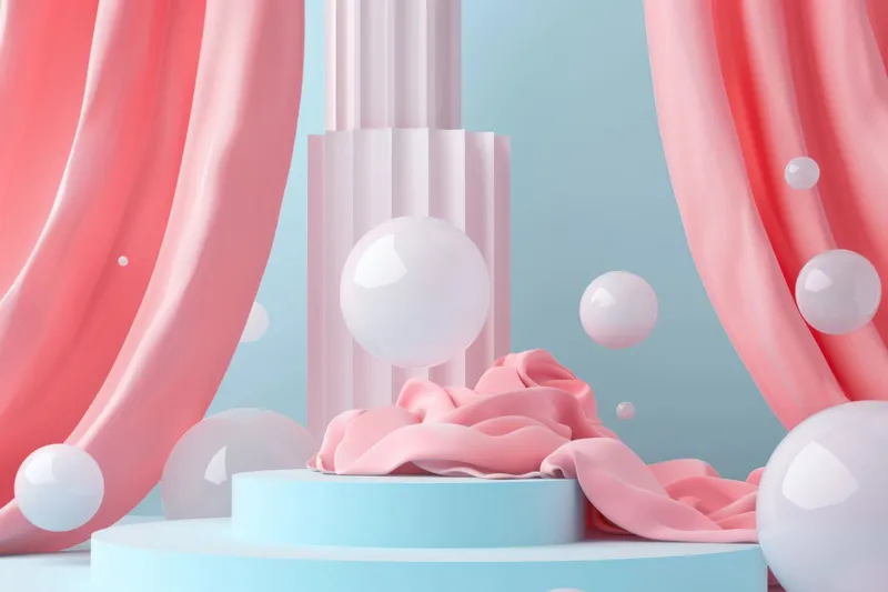 Элегантные розовые и синие шторы и воздушные шары на синем фоне в 3D-рендеринге