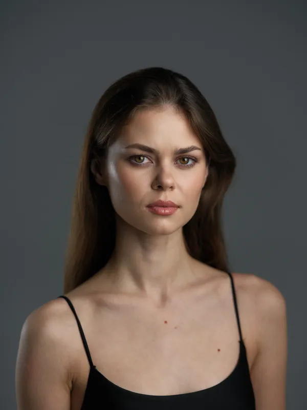 Young woman with serious expression wearing black top against gray background, natural light, portrait style