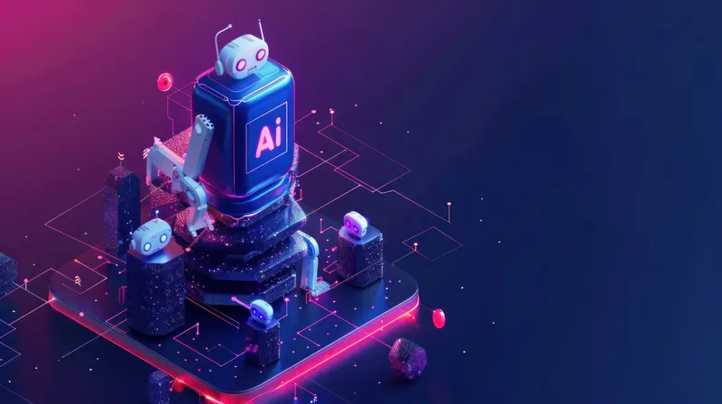 Яркий робот с искусственным интеллектом и светящимися элементами на цифровой платформе символизирует искусственный интеллект, технологии и инновации в футуристической обстановке