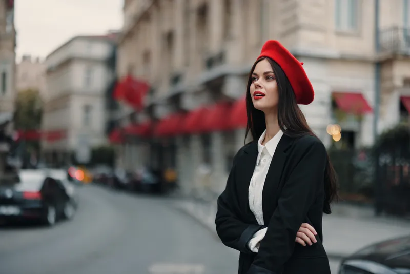 Портрет стильной женщины, стоящей на улице на фоне города в модной одежде, с красными губами и красным беретом