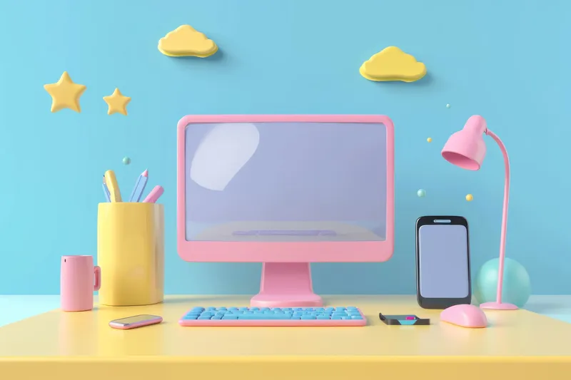 Современное рабочее пространство с монитором компьютера, телефоном и офисными принадлежностями на синем фоне
