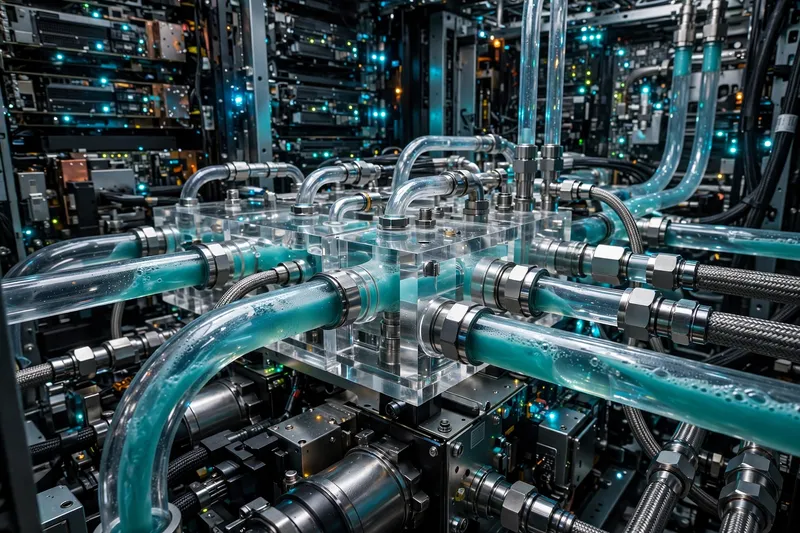 3D-рендер серверной с трубками охлаждения и светящимися индикаторами