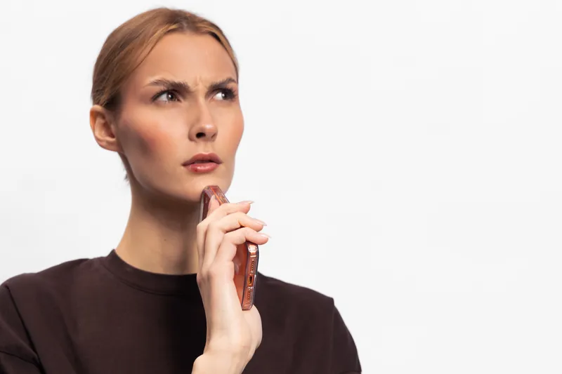 Thoughtful woman with light hair holding phone near chin looks up with pensive expression on white background. Concept for decision making, communication, and contemplation.
