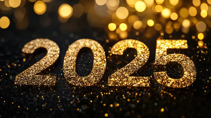 Сверкающие золотые цифры 2025 на темной поверхности в окружении размытых золотых огоньков боке