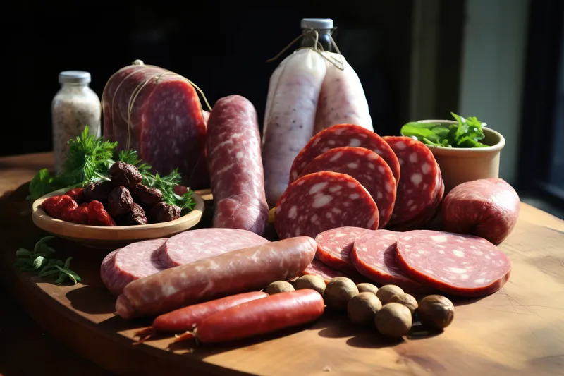 Крупным планом на деревянной разделочной доске представлены свежие мясные продукты: итальянская колбаса, салями, ветчина, бекон и говядина