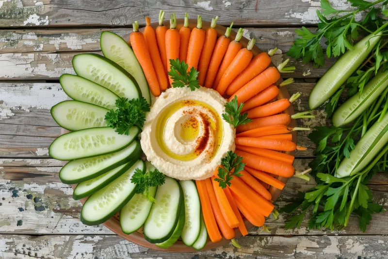 Яркая композиция из моркови и огурцов, окружающих миску с хумусом, украшенную петрушкой, на выветренной деревянной поверхности