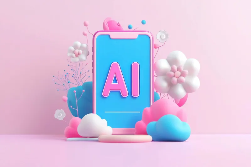 Яркая 3D-иллюстрация смартфона с текстом AI среди облаков и цветов пастельных тонов, демонстрирующая инновации, креативность и современные технологии