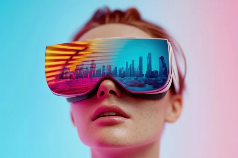 Молодая женщина в красочной городской среде в современных VR-очках, выражающая любопытство и удивление, идеально подходит для демонстрации технологий, инноваций и футуристических тем