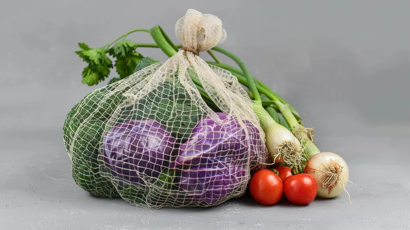 Сетчатый мешок, наполненный яркими овощами, включая капусту, помидоры и зеленый лук, на мягкой серой поверхности