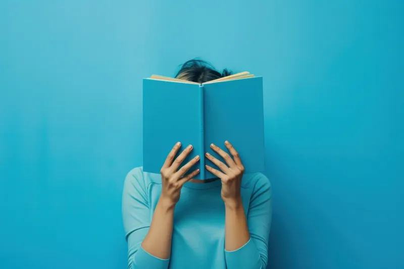 Женщина держит книгу, закрывая ею лицо, на синем фоне — концептуальное изображение красоты и отдыха