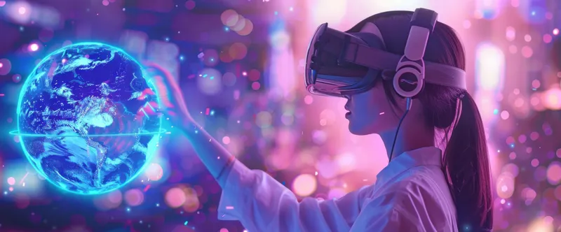 На изображении женщина в VR-очках тянется к светящемуся глобусу в окружении размытых разноцветных огней, что символизирует цифровое исследование