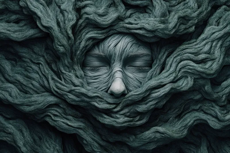 Это изображение представляет лицо, окутанное слоями текстурированной ткани, символизирующее эмоции страдания и изоляции, с акцентом на приглушенные зеленые тона, подходит для тем психического здоровья