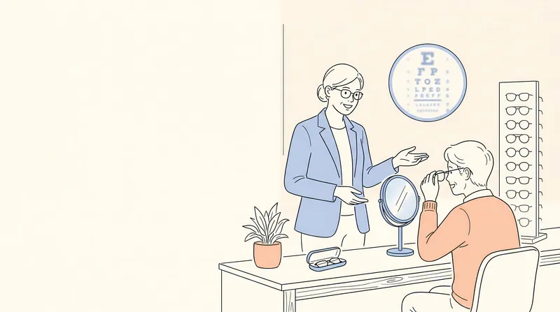 Чистая графика линиями, изображающая оптика и клиента, выбирающего очки, расположенная справа с полезным свободным пространством для текста слева