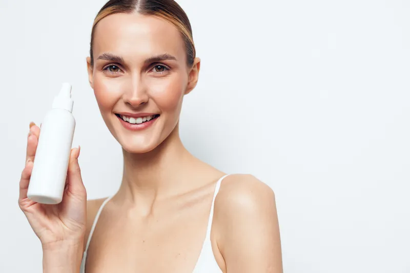 Woman with skincare bottle, studio portrait, smiling and holding cosmetic serum, clean white background, focused face care, fresh hydration concept, beauty routine for healthy skin