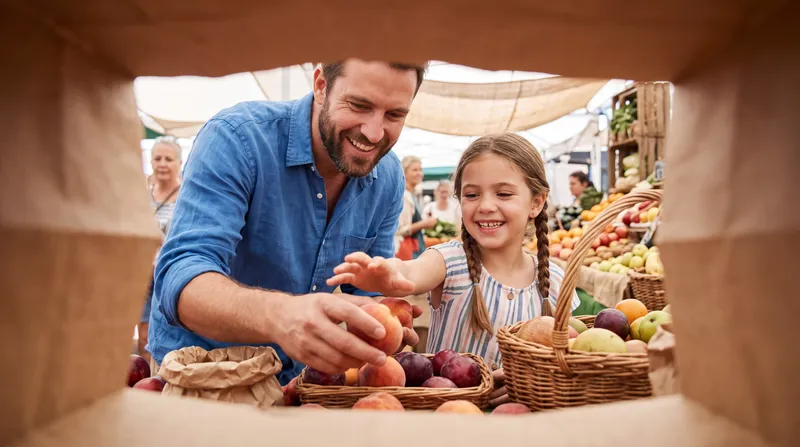 Вид снизу изнутри пакета для покупок, в котором отец и дочь сравнивают фрукты на уличном рынке