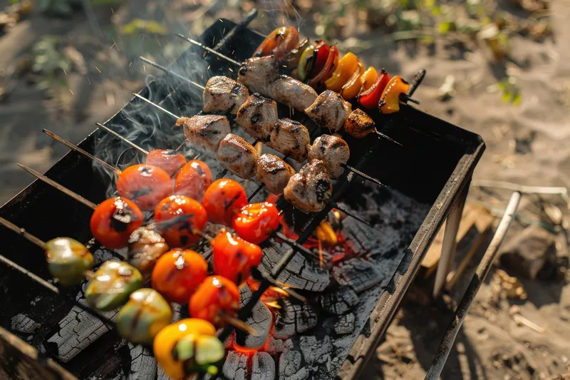 Вкусные шашлычки из курицы и разноцветных овощей, жарящиеся на раскаленных углях, создающие аппетитный аромат