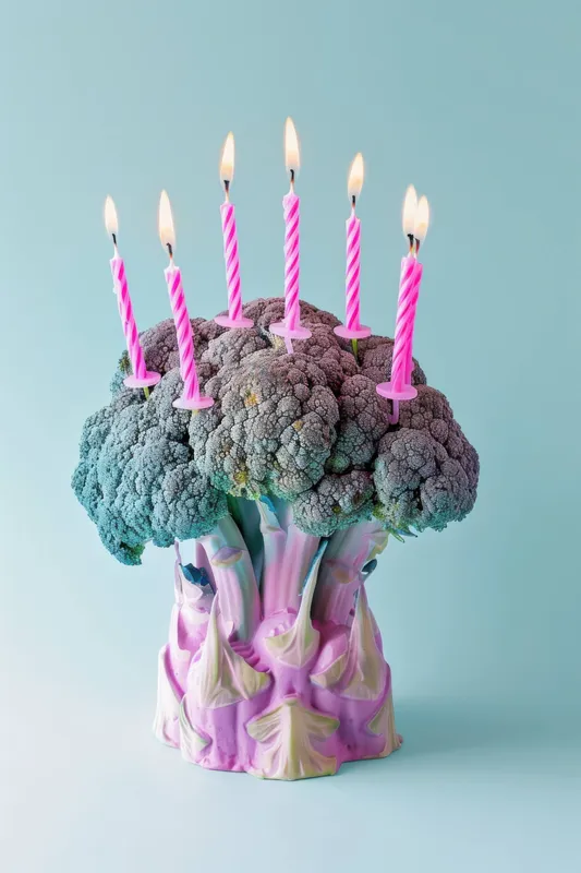 Причудливый десерт, представляющий собой торт в форме брокколи, украшенный розовыми свечами, на фоне мягкого голубого фона