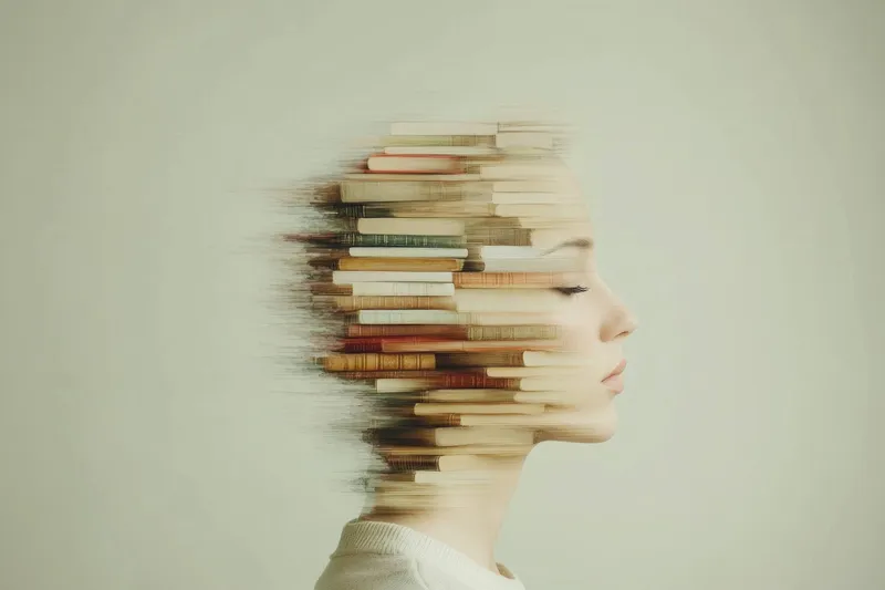 Творческое сочетание женского профиля и книг, символизирующее знания, воображение и вдохновение