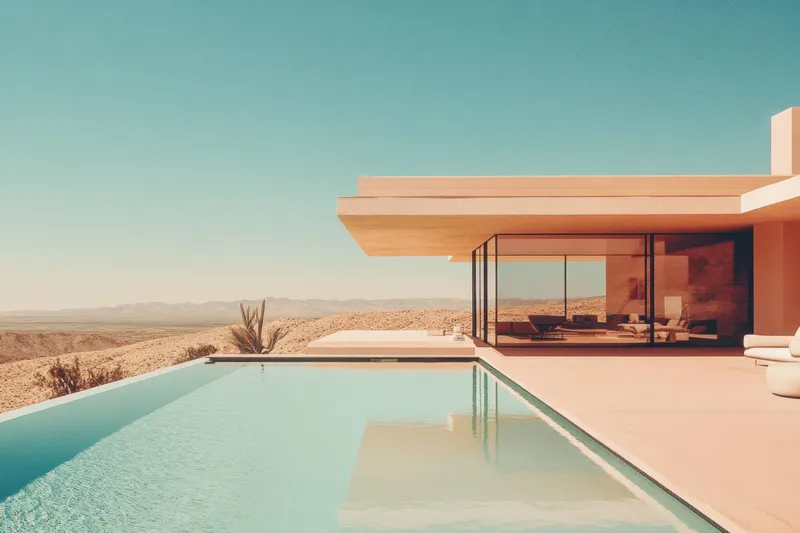 Потрясающая современная вилла в пустыне с бесконечным бассейном, панорамными окнами от пола до потолка, открывающими захватывающие виды, и чистым минималистичным стилем, подчеркивающим роскошь и…