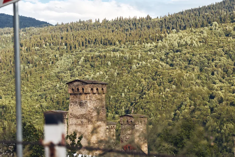 Ruins and towers rise above a lush forested hillside landscape, ancient stone structures peeking through trees in a tranquil countryside scene, rich in history and natural beauty.