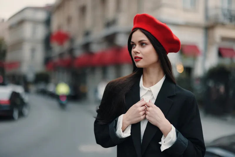 Модный женский портрет: красавица стоит на улице на фоне города в стильной одежде, с красными губами и красным беретом