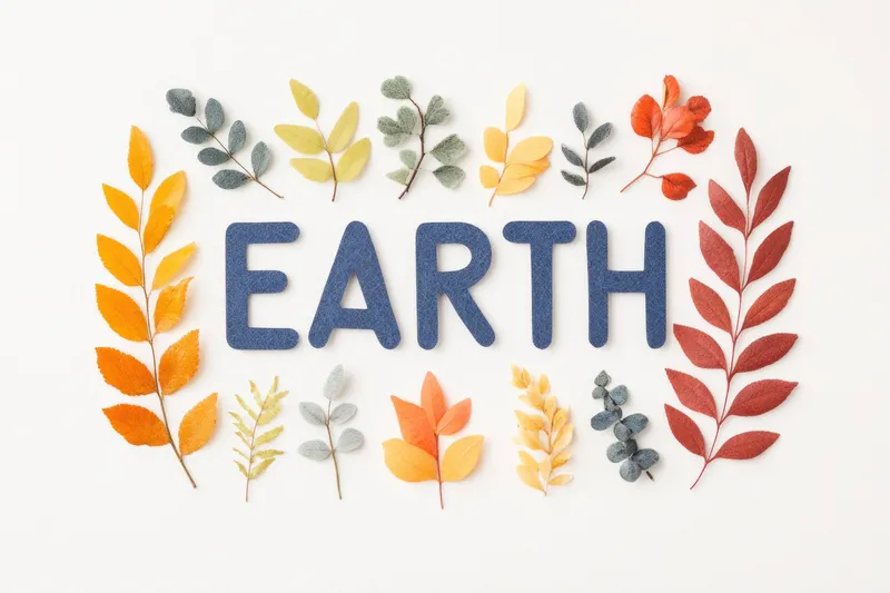 Яркие осенние листья обрамляют слово «EARTH», символизируя красоту природы и важность экологической осведомленности