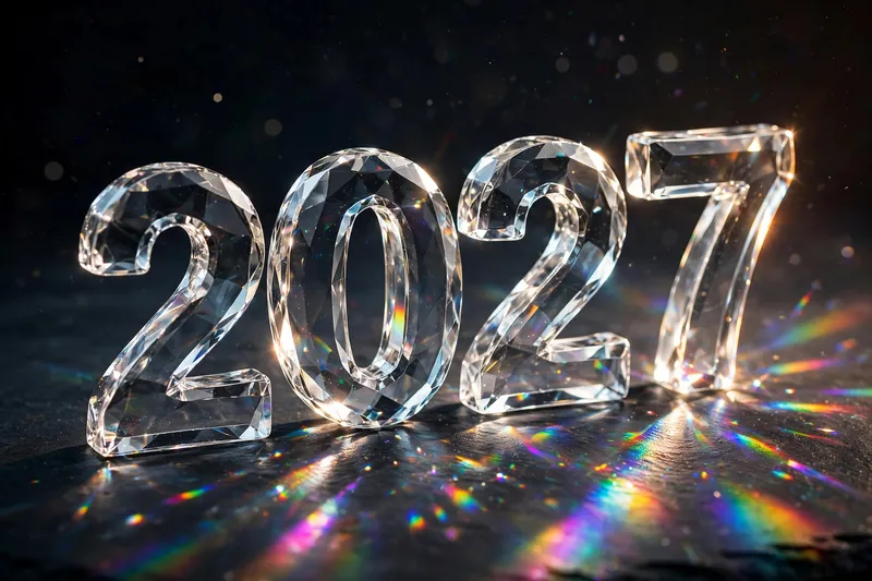 Прозрачные цифры 2027 с радужными бликами на тёмном фоне