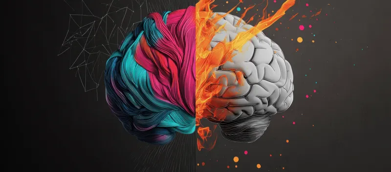 Изображение стилизованного мозга, разделенного на две половины, олицетворяющие художественное и логическое мышление