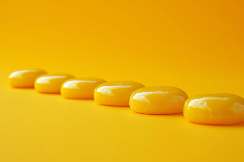 Яркий ряд желтых конфет на насыщенном желтом фоне, 3D-рендеринг иллюстрации сладких угощений для концептуального дизайна