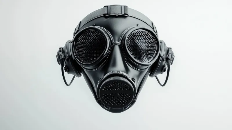 Черный противогаз со встроенными наушниками, представленный на светлом фоне, символизирует безопасность, защиту и готовность к чрезвычайным ситуациям в нестабильной обстановке