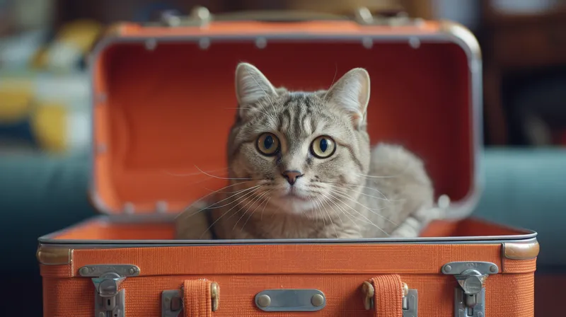 Кошка отдыхает в уютной гостиной, сидя в оранжевом чемодане на фоне дивана