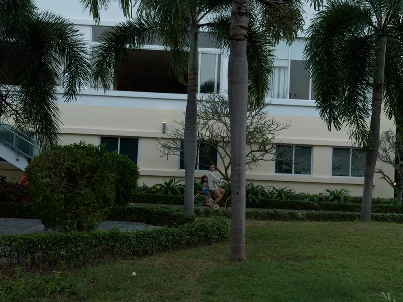 young man riding bicycle on pathway near modern building with palm trees and green bushes, casual outdoor activity in urban park setting