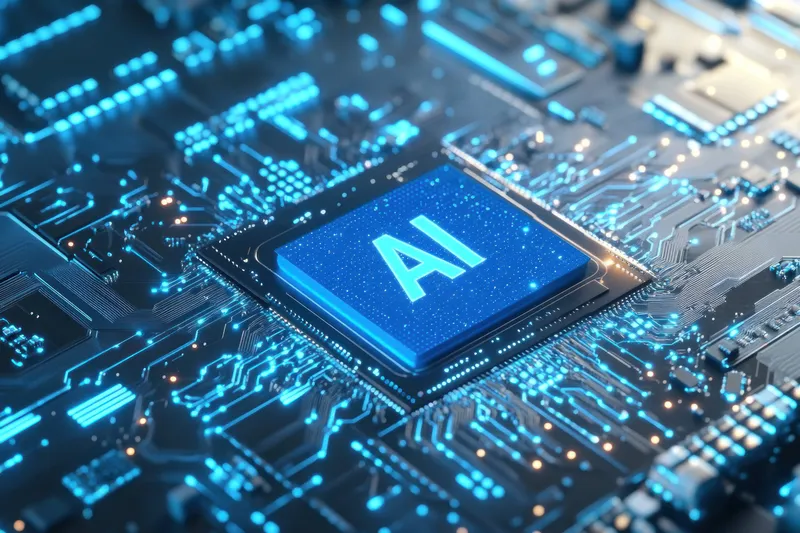 Крупный план современного микрочипа с дизайном AI в окружении сложных узоров печатных плат, символизирующий прогресс и будущее искусственного интеллекта