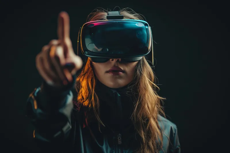 Опыт виртуальной реальности: молодая женщина в VR-шлеме указывает на виртуальный объект на темном фоне
