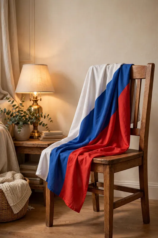 Российский флаг небрежно лежит на деревянном стуле у лампы