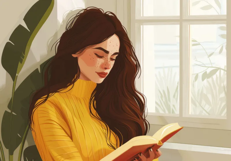 Молодая женщина с длинными тёмными волосами увлечённо читает книгу, сидя у яркого окна