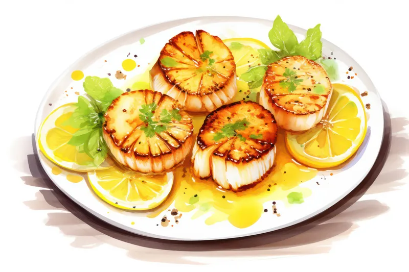 Еда, гриль, гурман, соус, закуска, вкусный, морепродукты, фон, свежий, обед, кулинарное блюдо, ужин, приготовленный гребешок, здоровый, ресторан, рыба, жареные моллюски, гастрономия, тарелка, белый…
