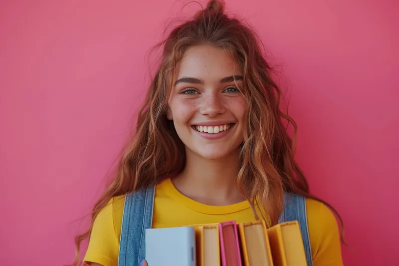 Счастливая молодая женщина держит в руках стопку книг, стоя на фоне розового фона