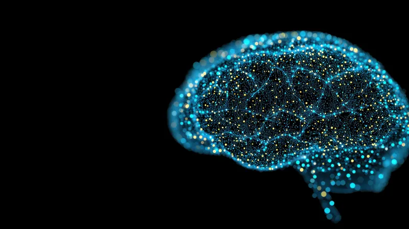 Футуристическое концептуальное изображение, подчеркивающее интеллект, обмен данными и связь; светящиеся точки раскрывают сотрудничество, проницательность и передовые технологии в движении