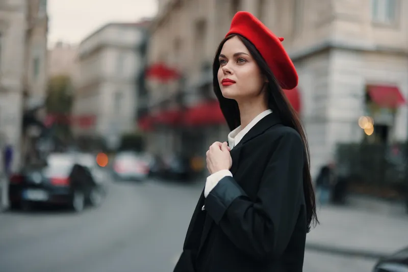 Модный женский портрет: красавица стоит на улице на фоне города в стильной одежде с красными губами и красным беретом
