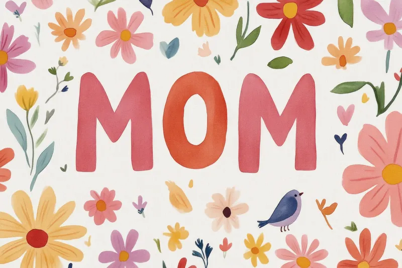 Яркая иллюстрация цветов, окружающих слово MOM, выполненная в мягких тонах и с жизнерадостными элементами, идеально подходит для открыток и украшений ко Дню матери