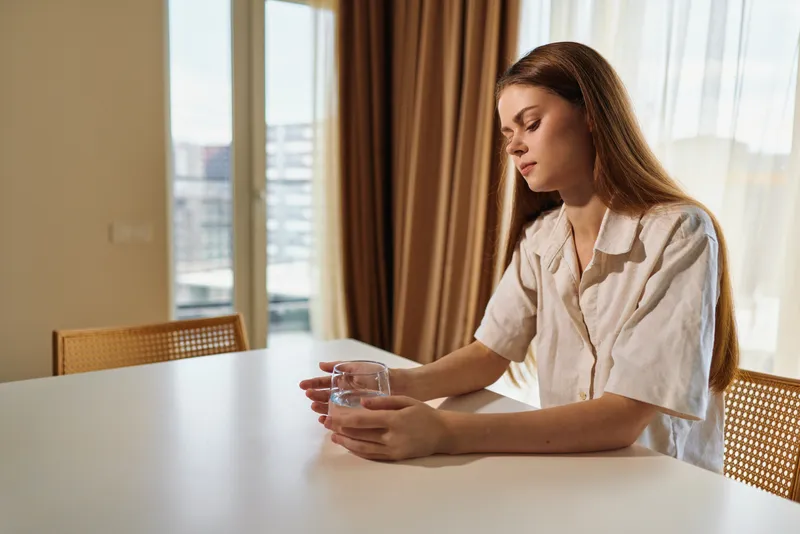 Woman portrait at a table holding a glass, morning sunlight through curtains, thoughtful mood and casual outfit, indoor lifestyle, warm tones and calm domestic scene.