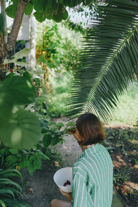 Woman sits in a lush garden with tropical leaves, holding a bowl. Green striped shirt, soft light, calm mood, outdoor scene, tranquil moment.