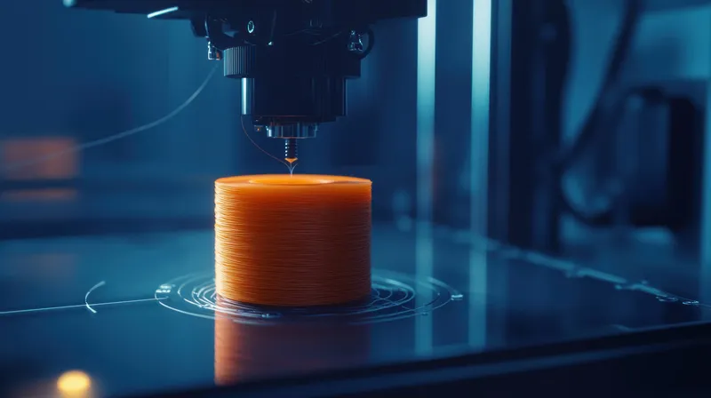 Крупный план процесса экструзии нити 3D-принтера, подчеркивающий яркий оранжевый цвет и детали инновационного мастерства в футуристической среде
