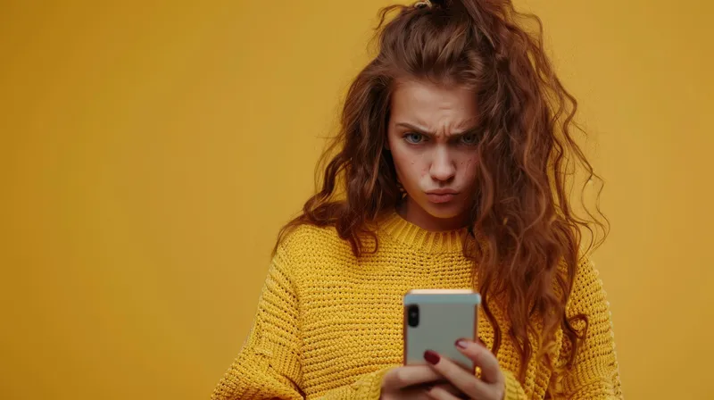 Стильная женщина в жёлтом свитере пользуется смартфоном на ярко-жёлтом фоне