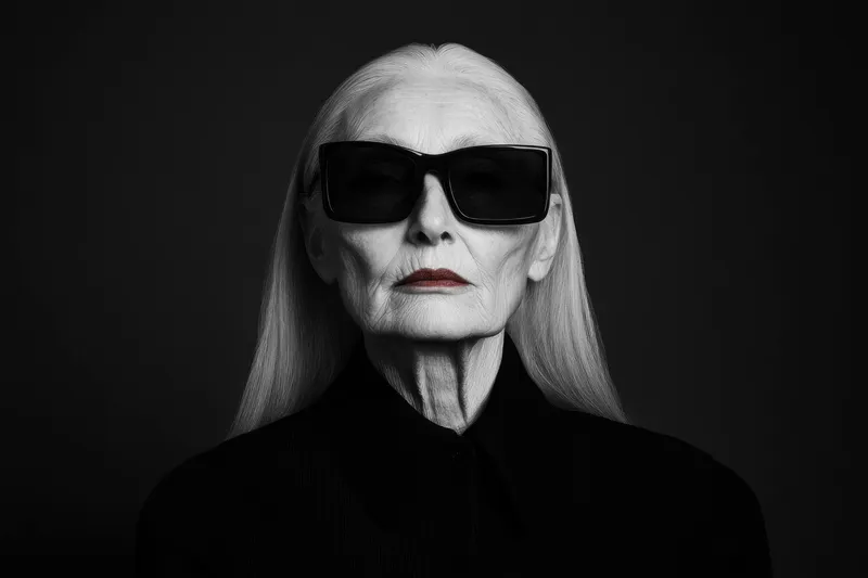 Выразительный портрет элегантной пожилой женщины с длинными седыми волосами и стильными черными солнцезащитными очками, демонстрирующий уверенность на темном фоне