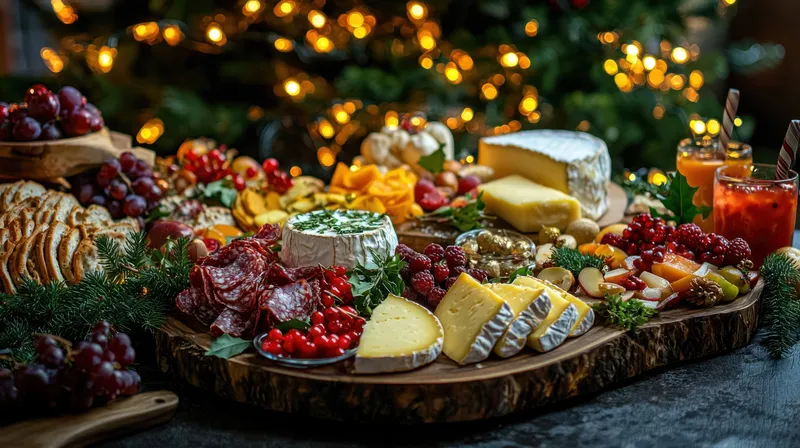 Красиво оформленная сырная и мясная тарелка с разнообразными сырами, мясными деликатесами, фруктами и гарнирами, идеально подходящая для праздничных встреч и торжеств