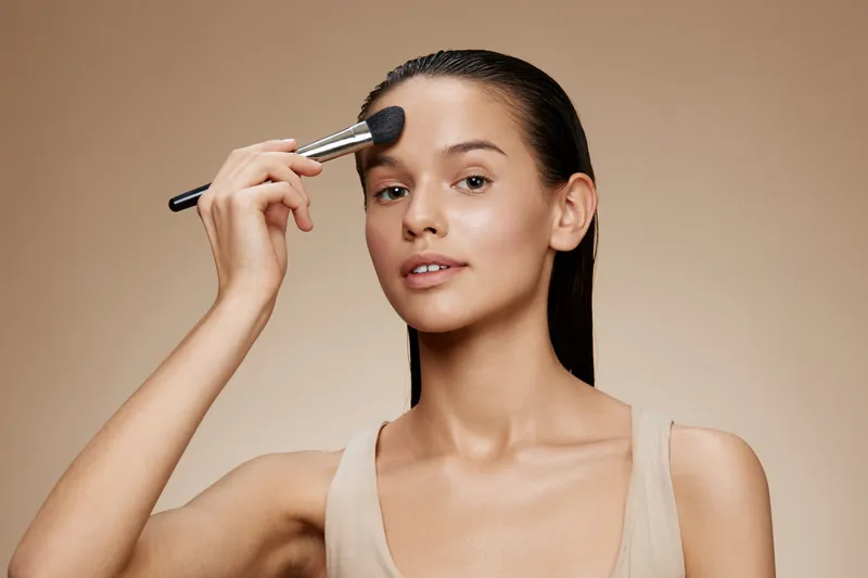 Young female model applying makeup with a brush on her face in natural lighting, emphasizing beauty and self care with a neutral background