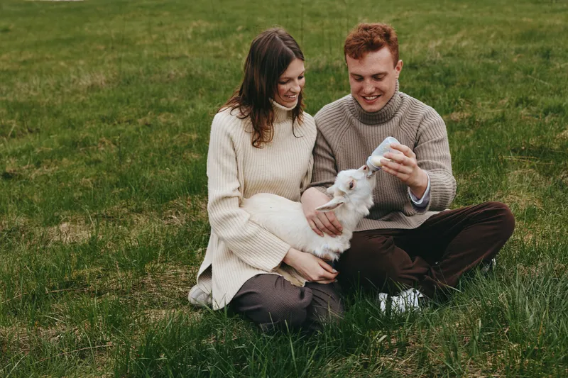 Couple outdoors grass goat kid interaction happiness lifestyle nature affection, a pair sits on the lawn as a goat kid nibbles nearby, warm sweaters, relaxed mood, wholesome family moment.