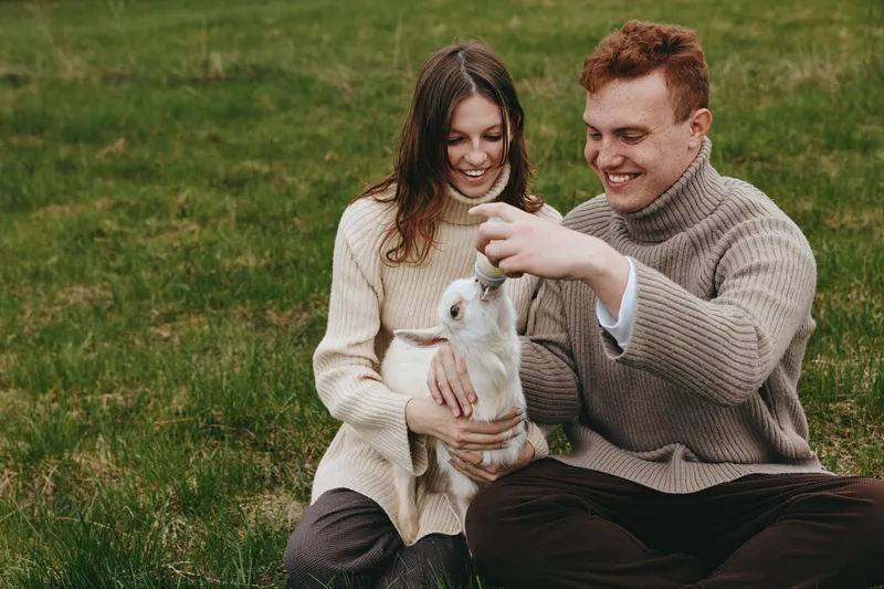 Joyful couple outdoors with a goat kid in a meadow, smiling, sharing affection in sunlight, cozy sweaters, natural textures, tranquil countryside, candid moment, lifestyle scene